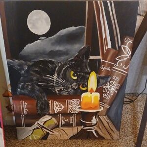 Original Enigmatic Black Cat Art with Candle Glow Acrylic Painting